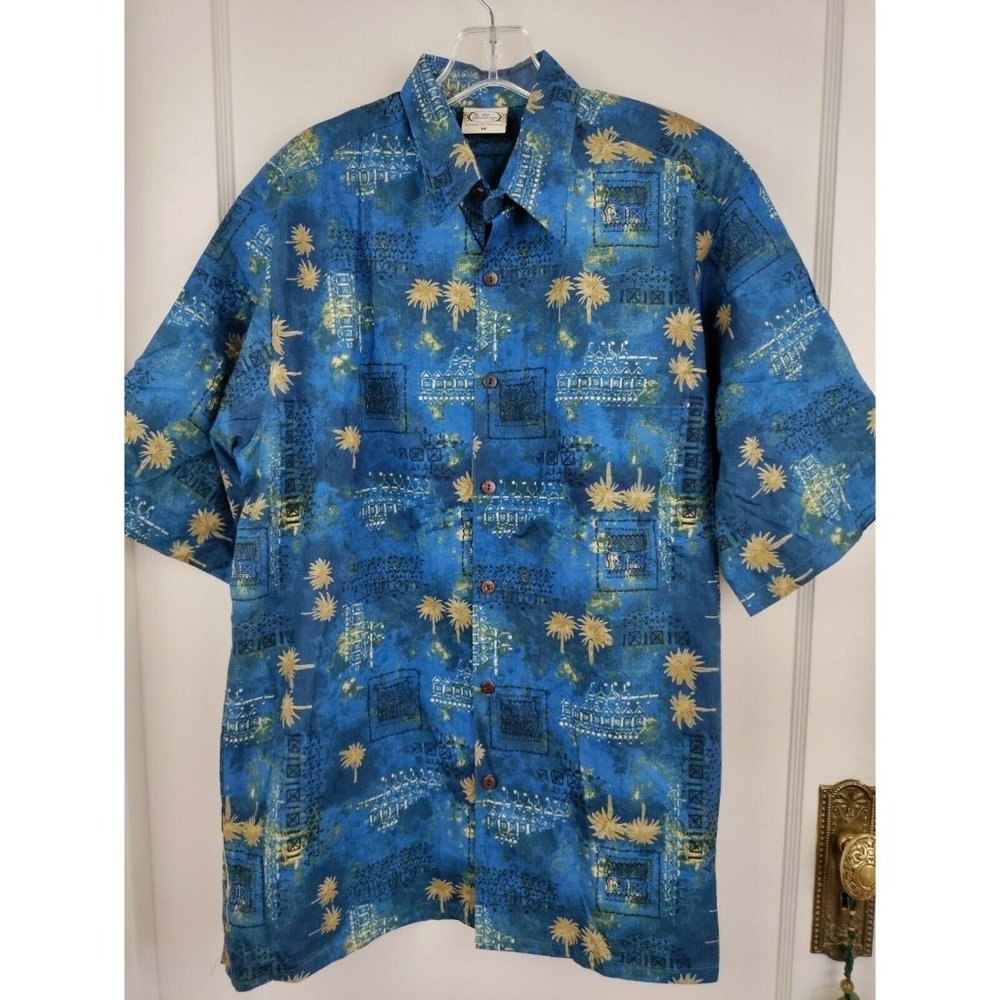 Go Barefoot Hawaiian Short Sleeve Shirt Made in USA Blue Men's SZ MED